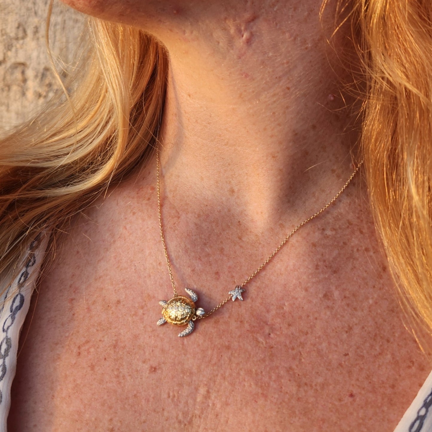 14 Karat Yellow And White Gold Matte Finish Fixed Diamond Turtle And Starfish Necklace 18" At Length With A Loop At 17" And 16"
