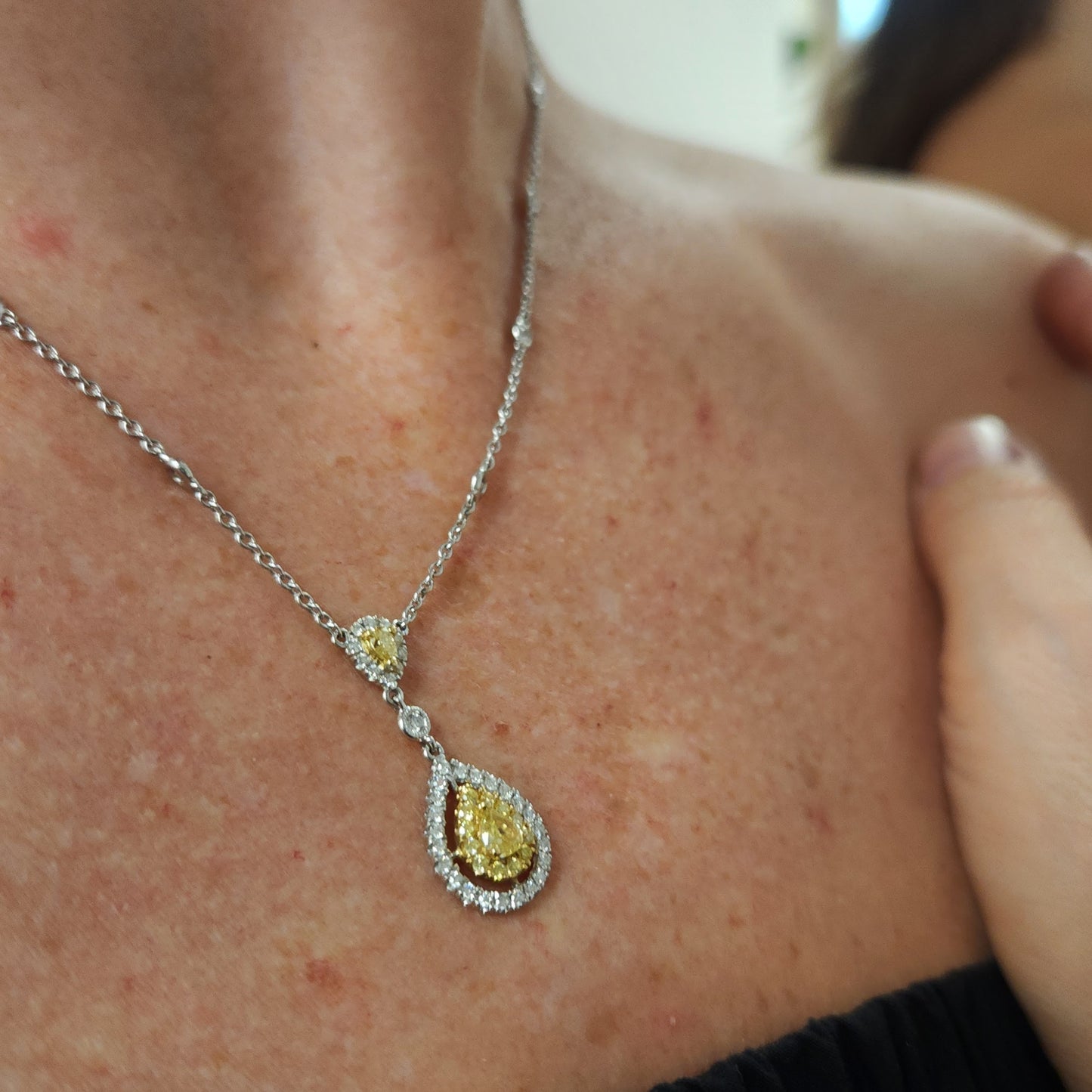 18 Karat White & Yellow Gold Natural Fancy Yellow And White Diamond Halo Style Necklace With Diamond "By The Yard" Style Chain, 15-18"