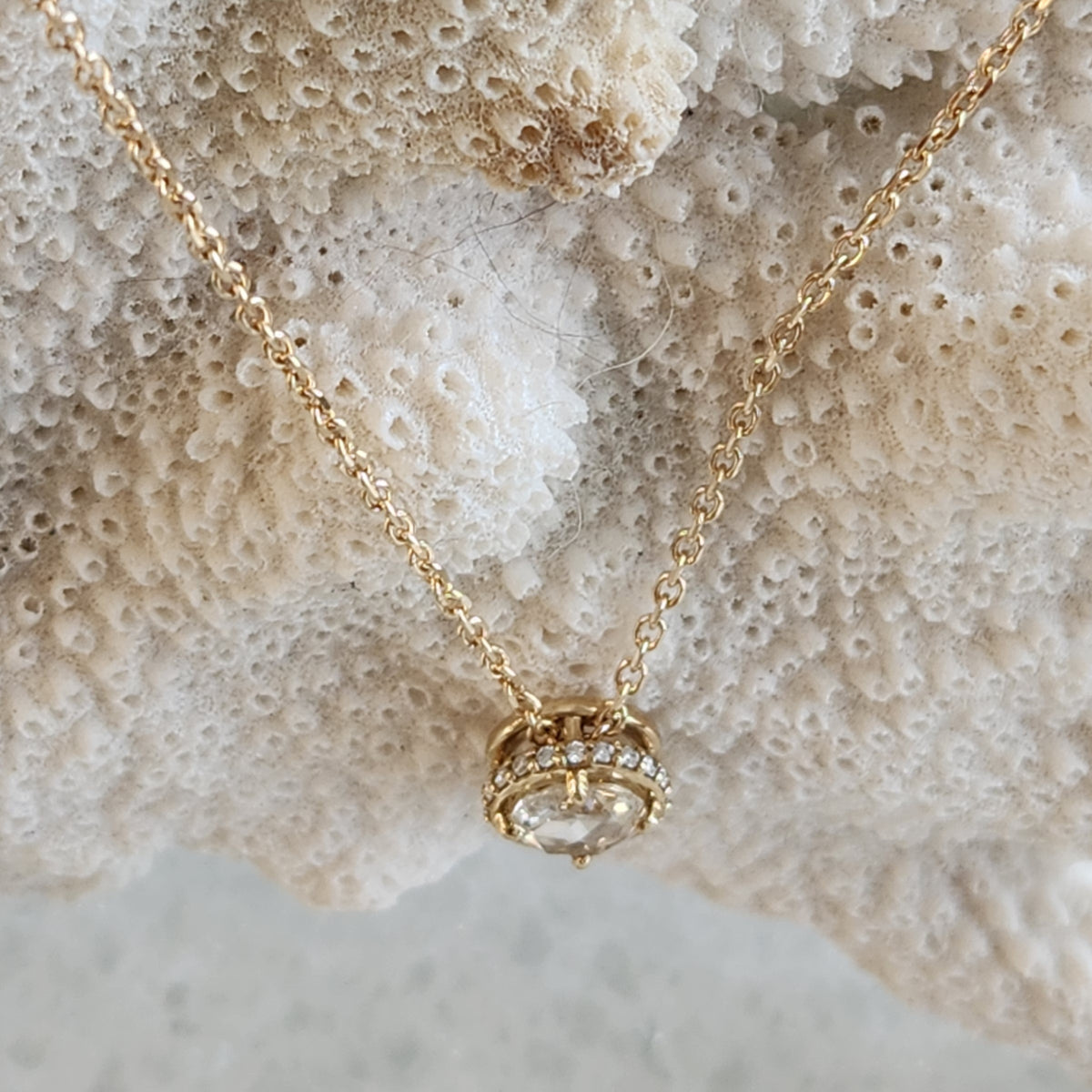 14 Karat Yellow Gold Rose Cut Diamond Necklace With Hidden Diamond Halo, 16-18"