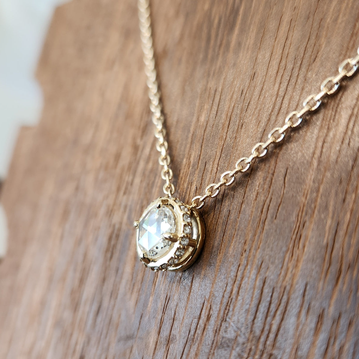 14 Karat Yellow Gold Rose Cut Diamond Necklace With Hidden Diamond Halo, 16-18"