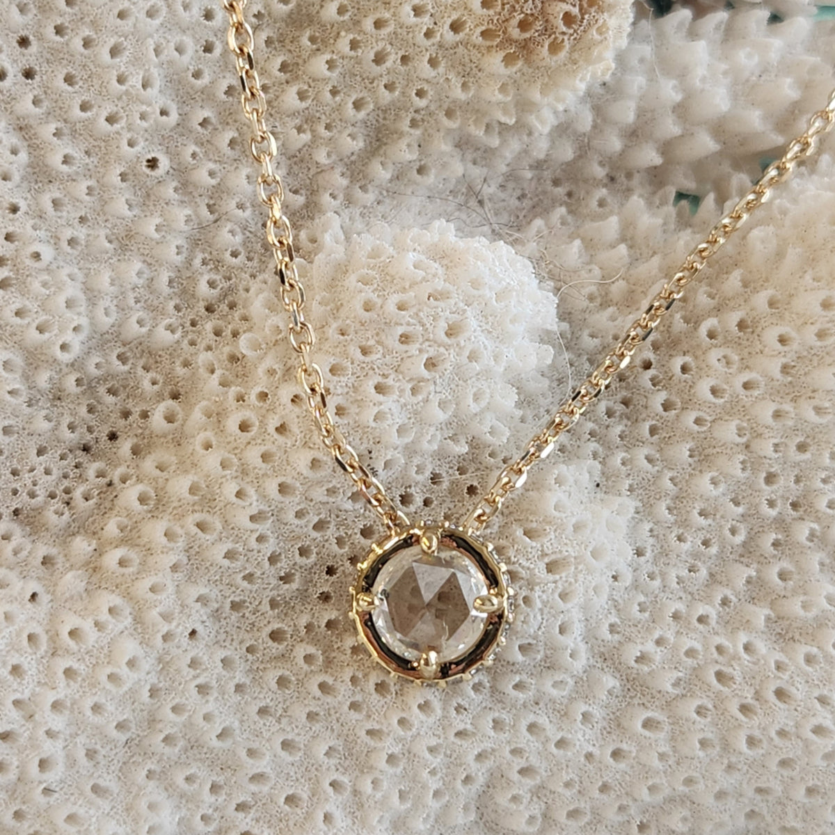 14 Karat Yellow Gold Rose Cut Diamond Necklace With Hidden Diamond Halo, 16-18"