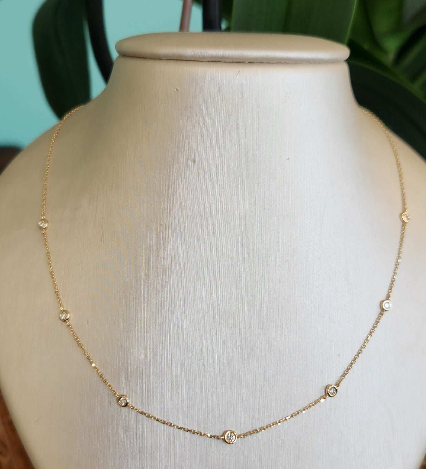 14 Karat Yellow Gold Bezel Set Diamond "By The Yard" Style Necklace 16"-18"