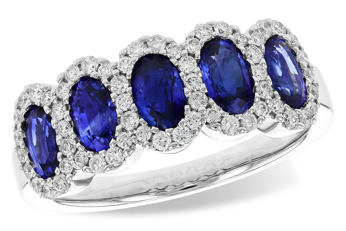 14 Karat White Gold 5 Stone Blue Sapphire Ring With Diamond Halos
5 O