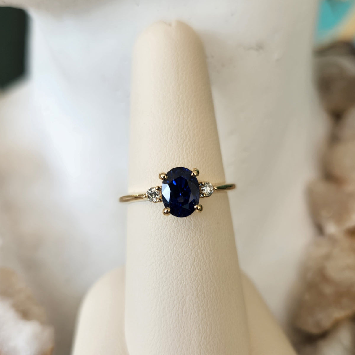14 Karat Yellow Gold Blue Sapphire & Diamond 3 Stone Ring