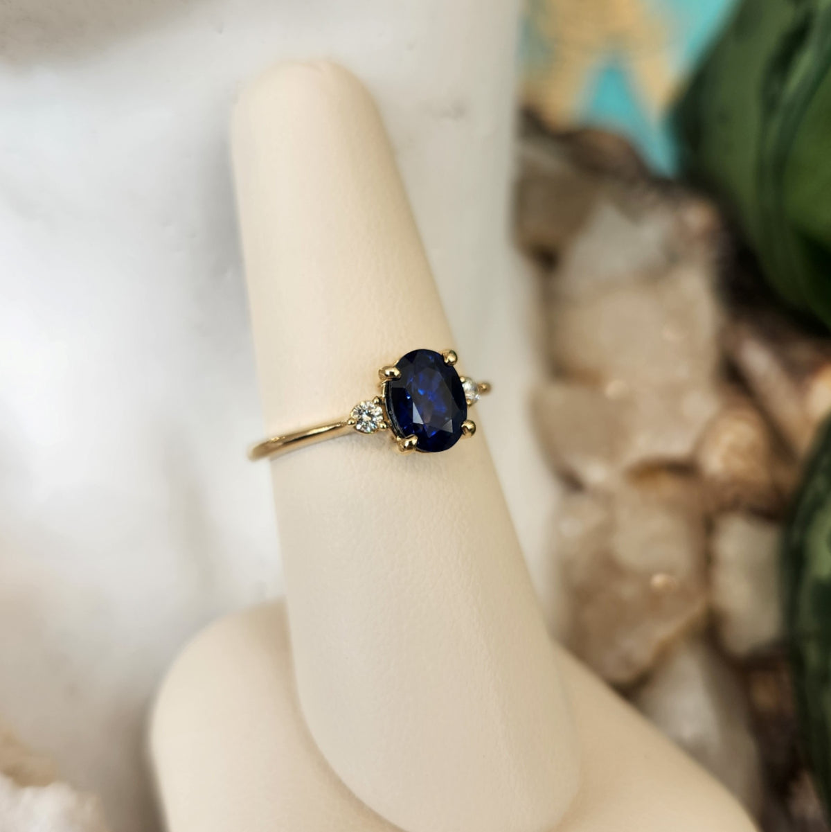 14 Karat Yellow Gold Blue Sapphire & Diamond 3 Stone Ring