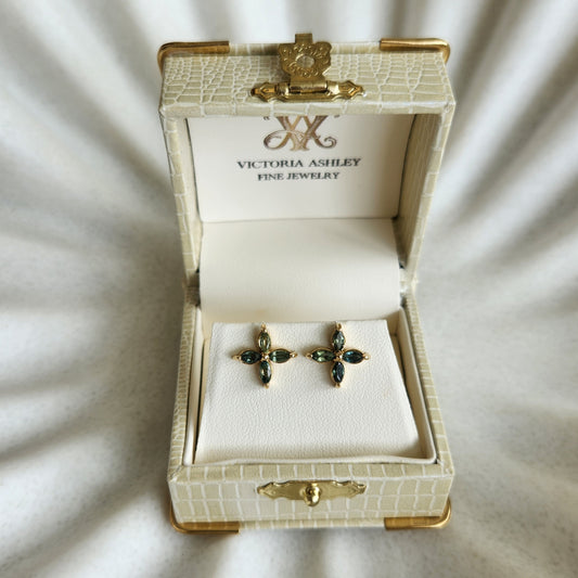 14 Karat Yellow Gold Marquise Green Sapphire Cluster "X" Stud Earrings
