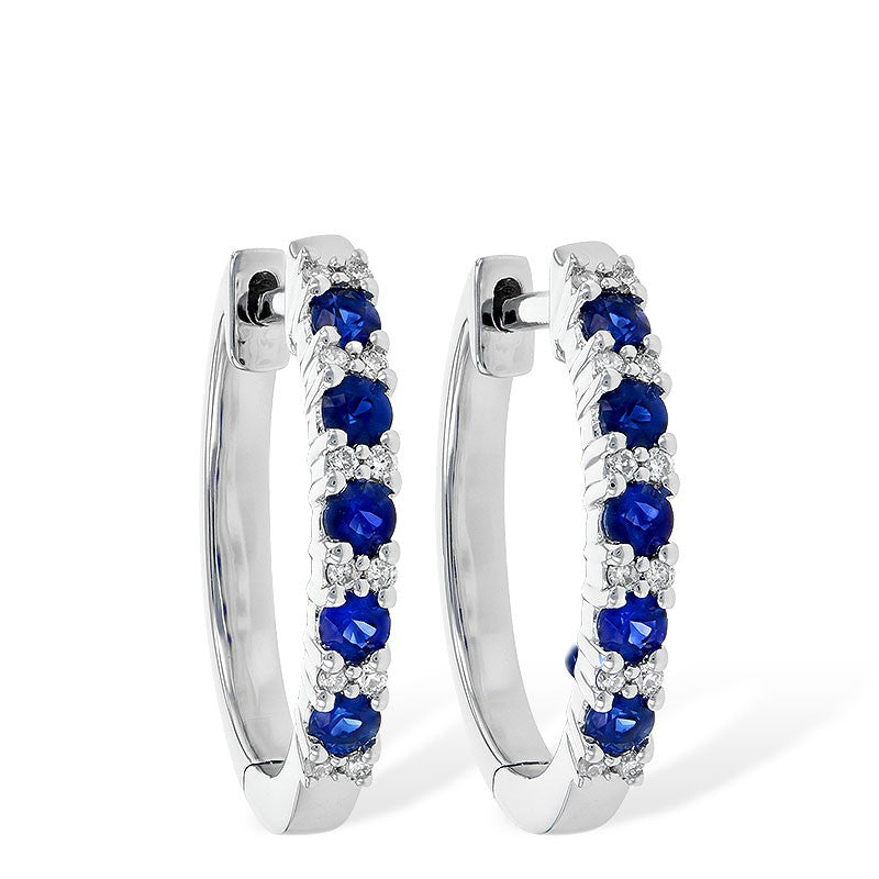 14 Karat White Gold Blue Sapphire & Diamond Shared Prong Set Hoop Earrings