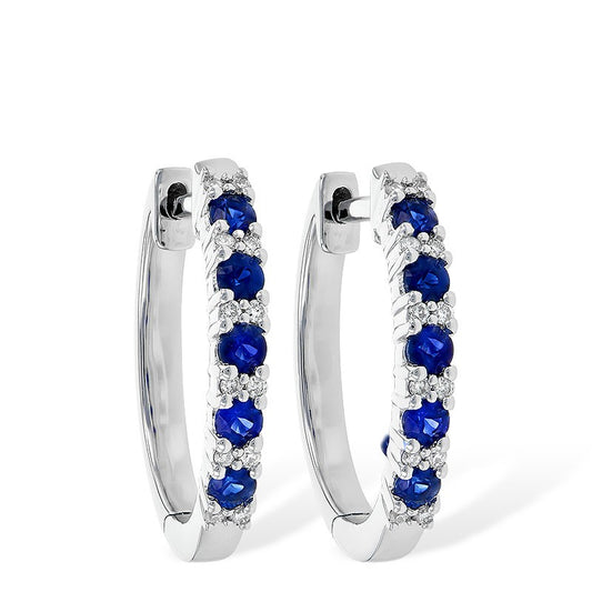 14 Karat White Gold Blue Sapphire & Diamond Shared Prong Set Hoop Earrings
