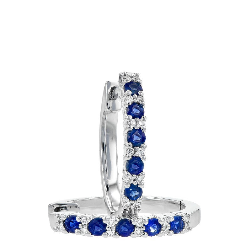 14 Karat White Gold Blue Sapphire & Diamond Shared Prong Set Hoop Earrings