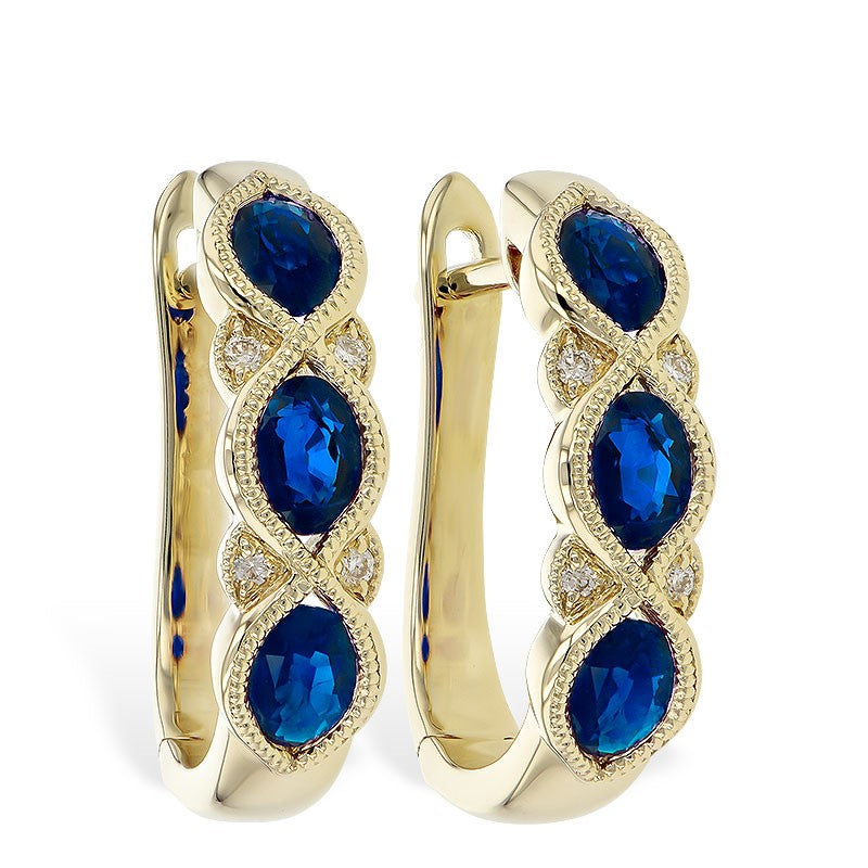 14 Karat Yellow Gold Diamond & Sapphire Hoop Style Earrings