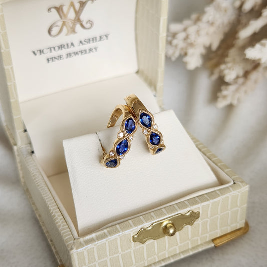 14 Karat Yellow Gold Diamond & Sapphire Hoop Style Earrings