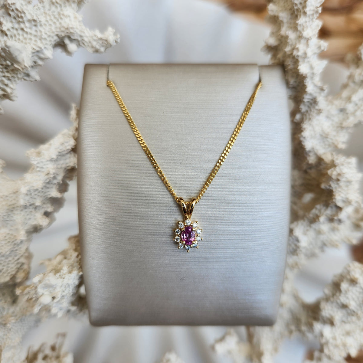 14 Karat Yellow Gold Oval Pink Sapphire & Diamond Halo Style Pendant