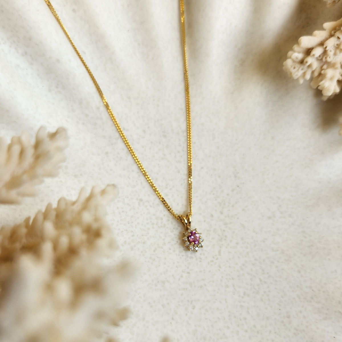 14 Karat Yellow Gold Oval Pink Sapphire & Diamond Halo Style Pendant