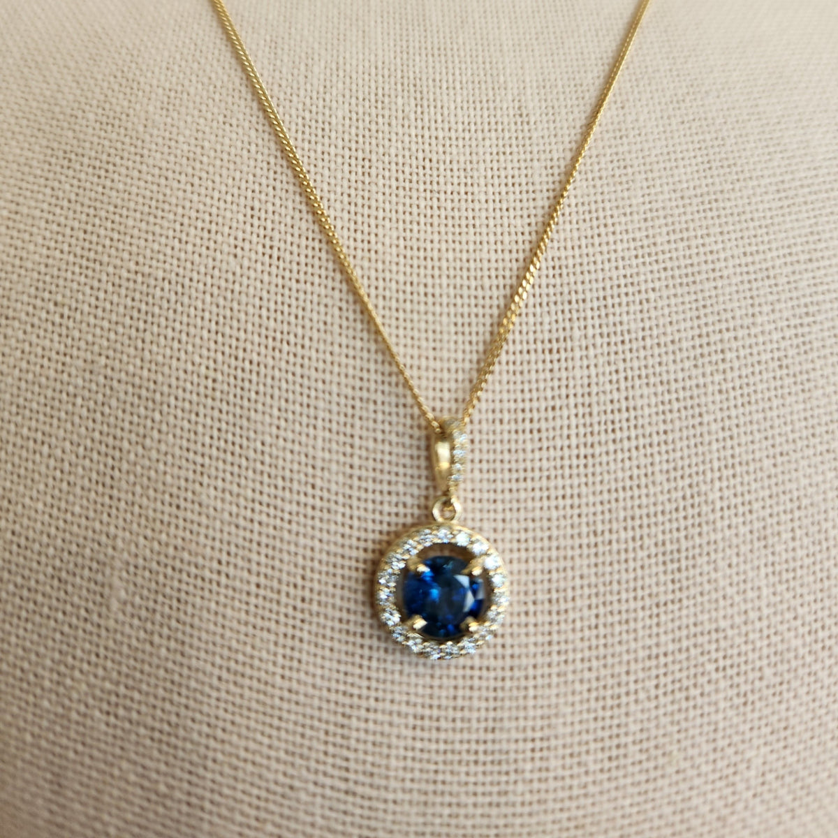 14 Karat Yellow Gold Sapphire & Diamond Halo Style Pendant