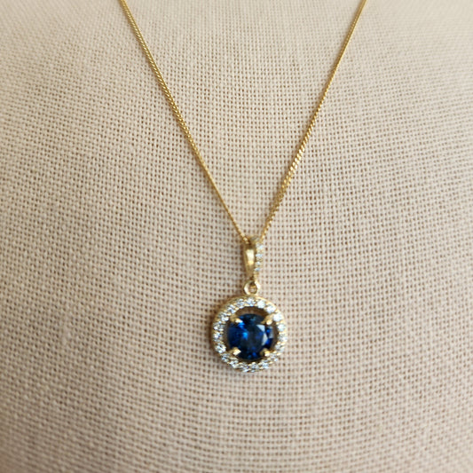 14 Karat Yellow Gold Sapphire & Diamond Halo Style Pendant