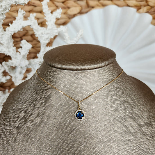 14 Karat Yellow Gold Sapphire & Diamond Halo Style Pendant