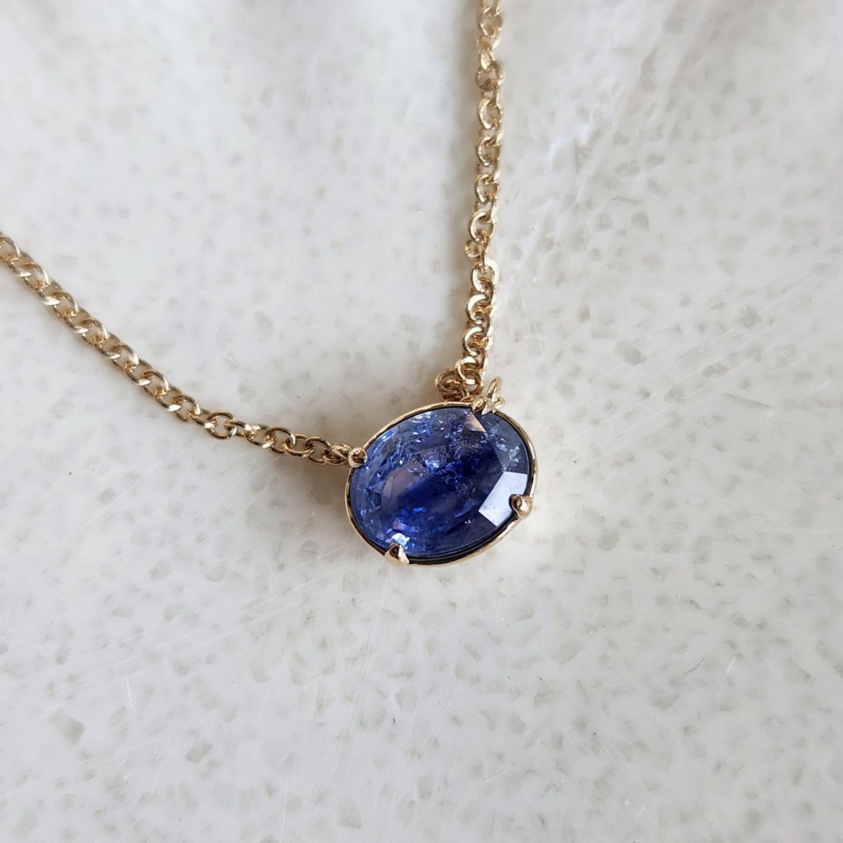 14 Karat Yellow Gold Banded Oval Blue Sapphire Necklace, 16-18"