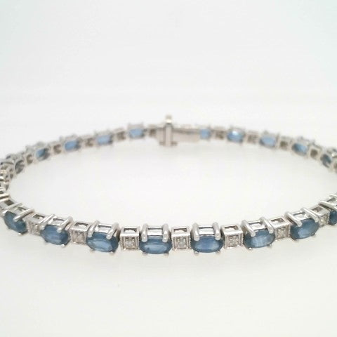 14 Karat White Gold Sappire & Diamond Line Bracelet, 7 "