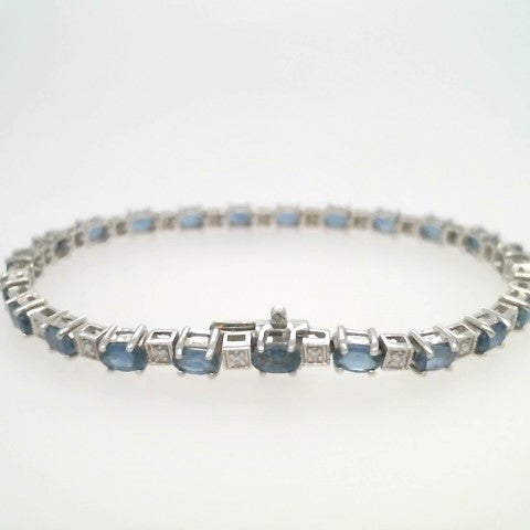 14 Karat White Gold Sappire & Diamond Line Bracelet, 7 "