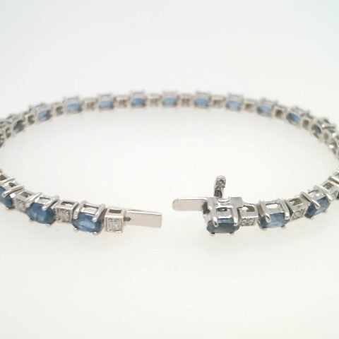 14 Karat White Gold Sappire & Diamond Line Bracelet, 7 "