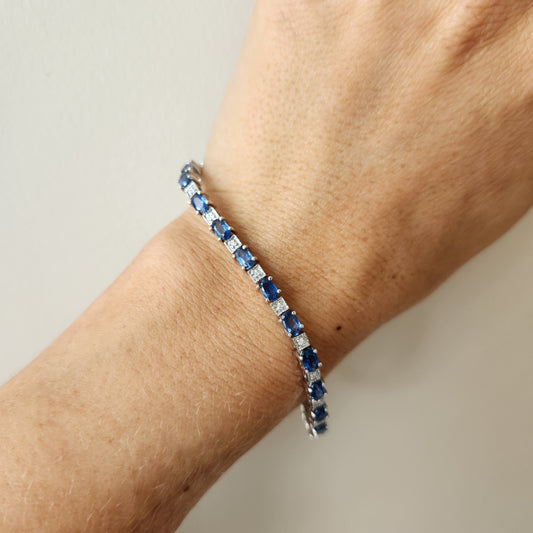 14 Karat White Gold Sappire & Diamond Line Bracelet, 7 "