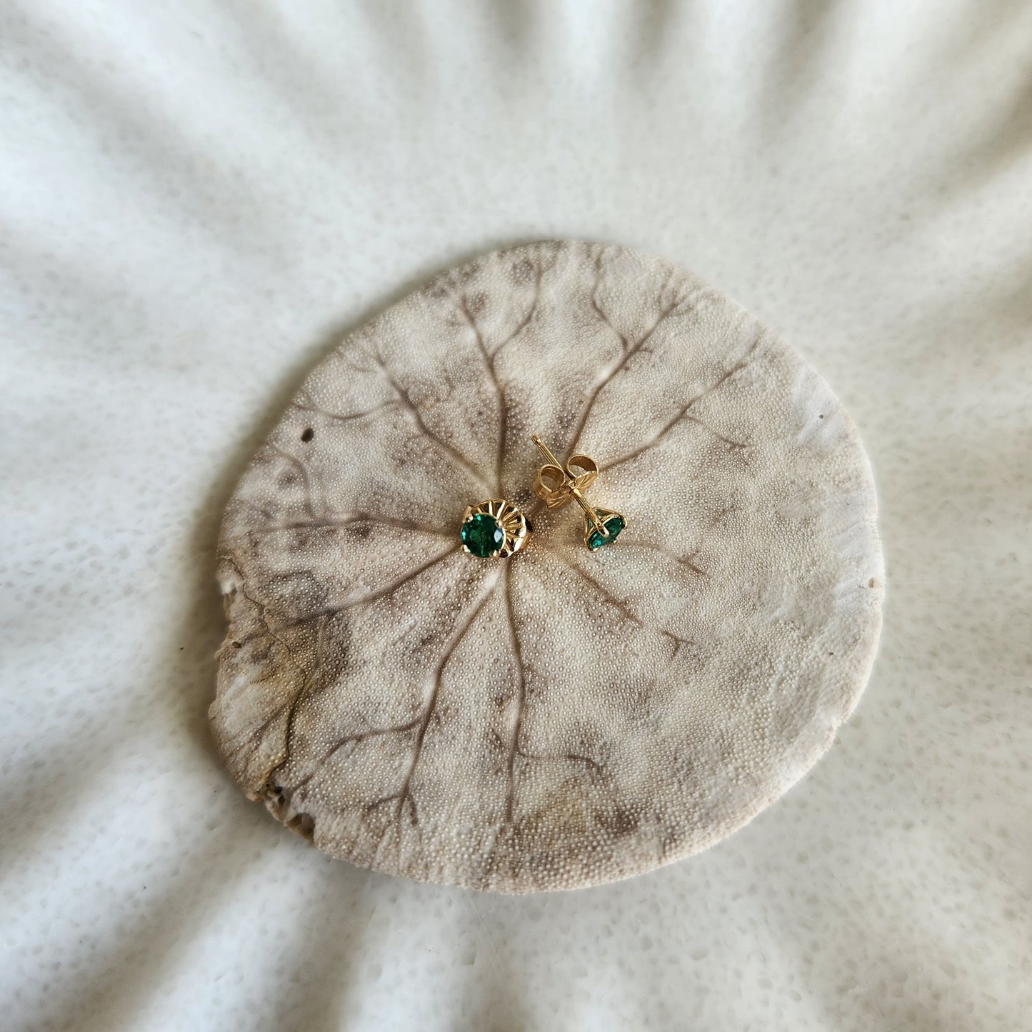 14 Karat Yellow Gold Round Emerald Solitaire Stud Earrings