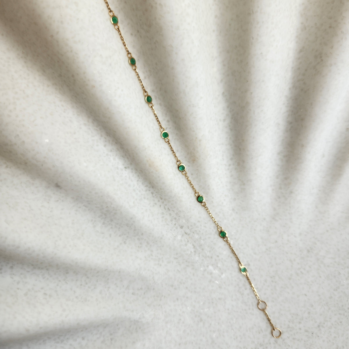 14 Karat Yellow Gold Bezel Set Emerald "By The Yard" Style Bracelet