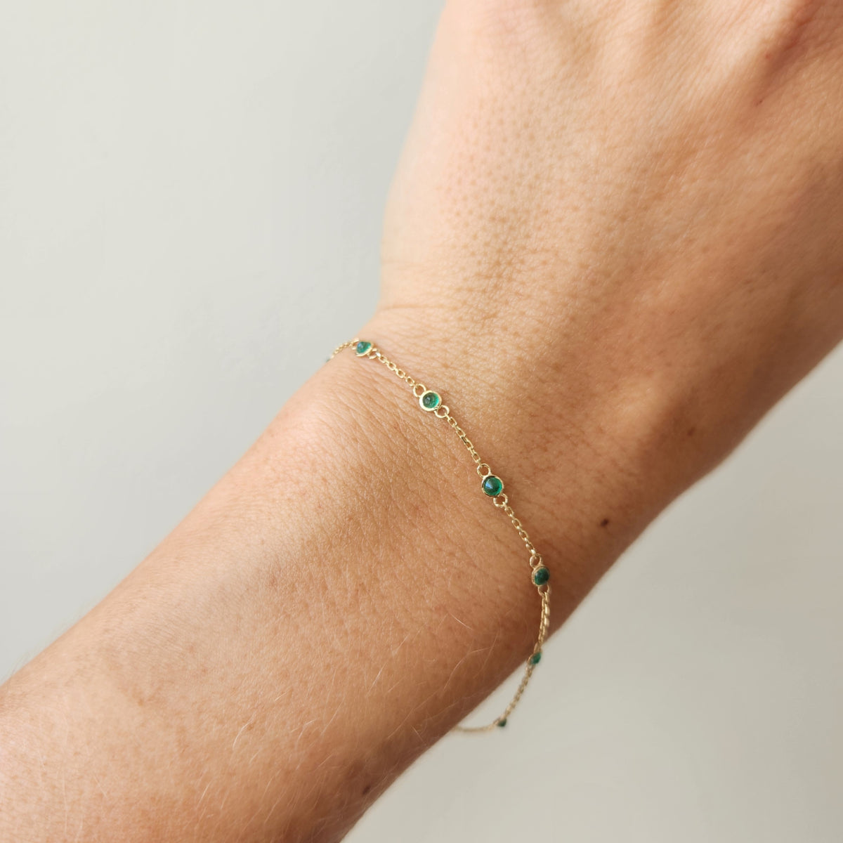 14 Karat Yellow Gold Bezel Set Emerald "By The Yard" Style Bracelet