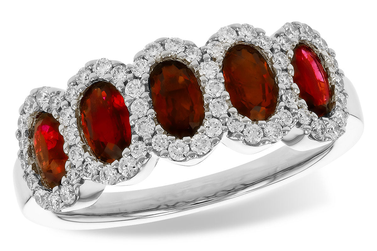 14 Karat White Gold 5 Stone Ruby Ring With Diamond Halos