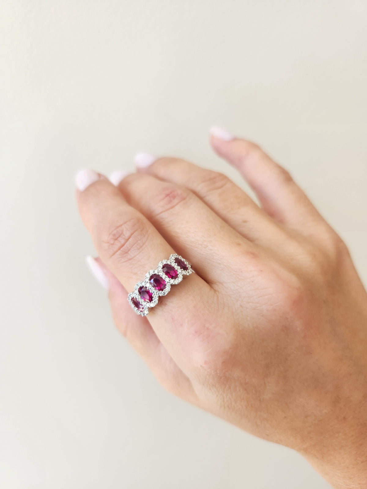 14 Karat White Gold 5 Stone Ruby Ring With Diamond Halos