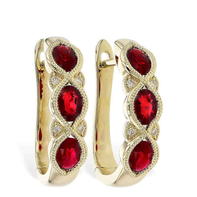 14 Karat Yellow Gold Diamond & Ruby Hoop Style Earrings