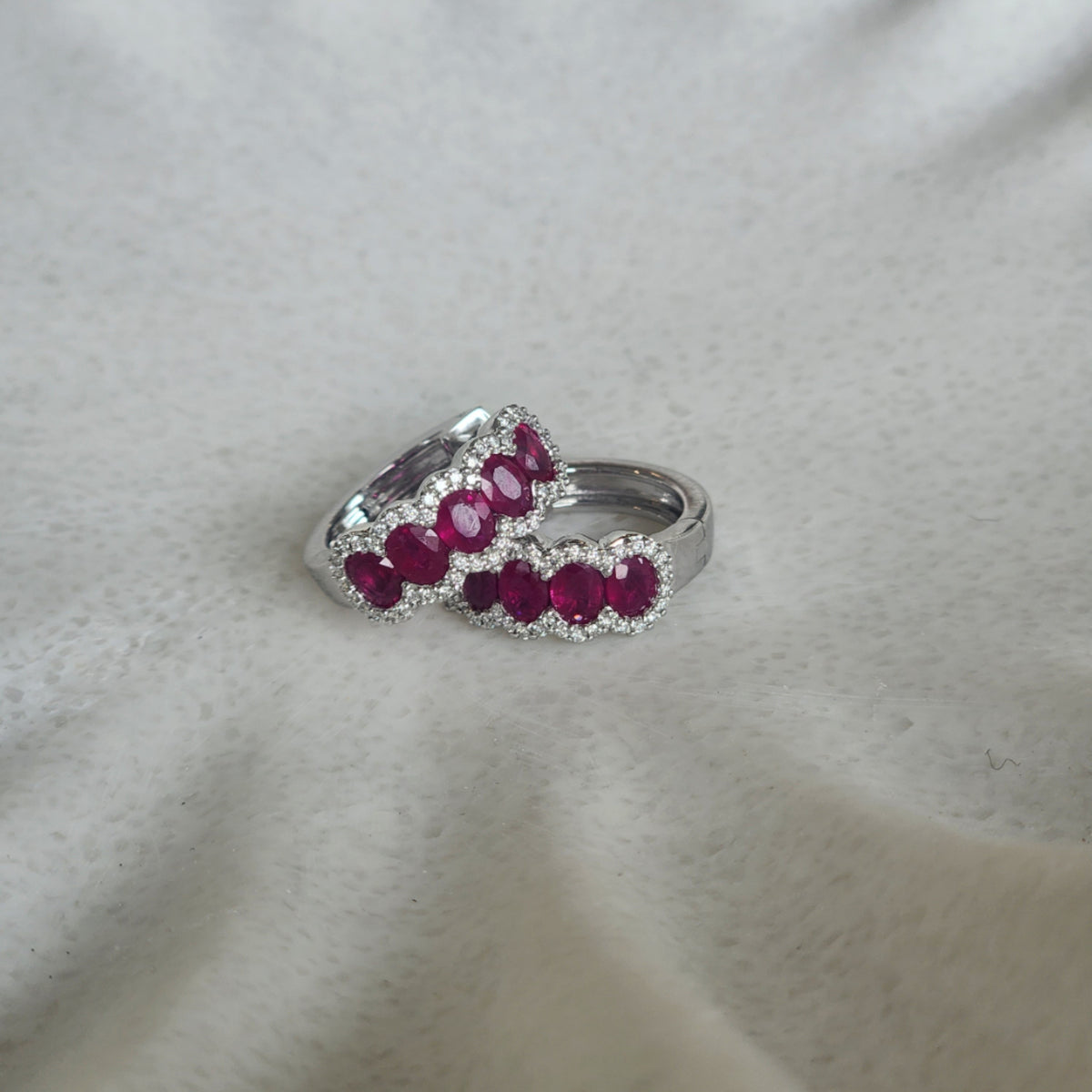 14 Karat White Gold Ruby & Diamond Hoop Style Earrings
