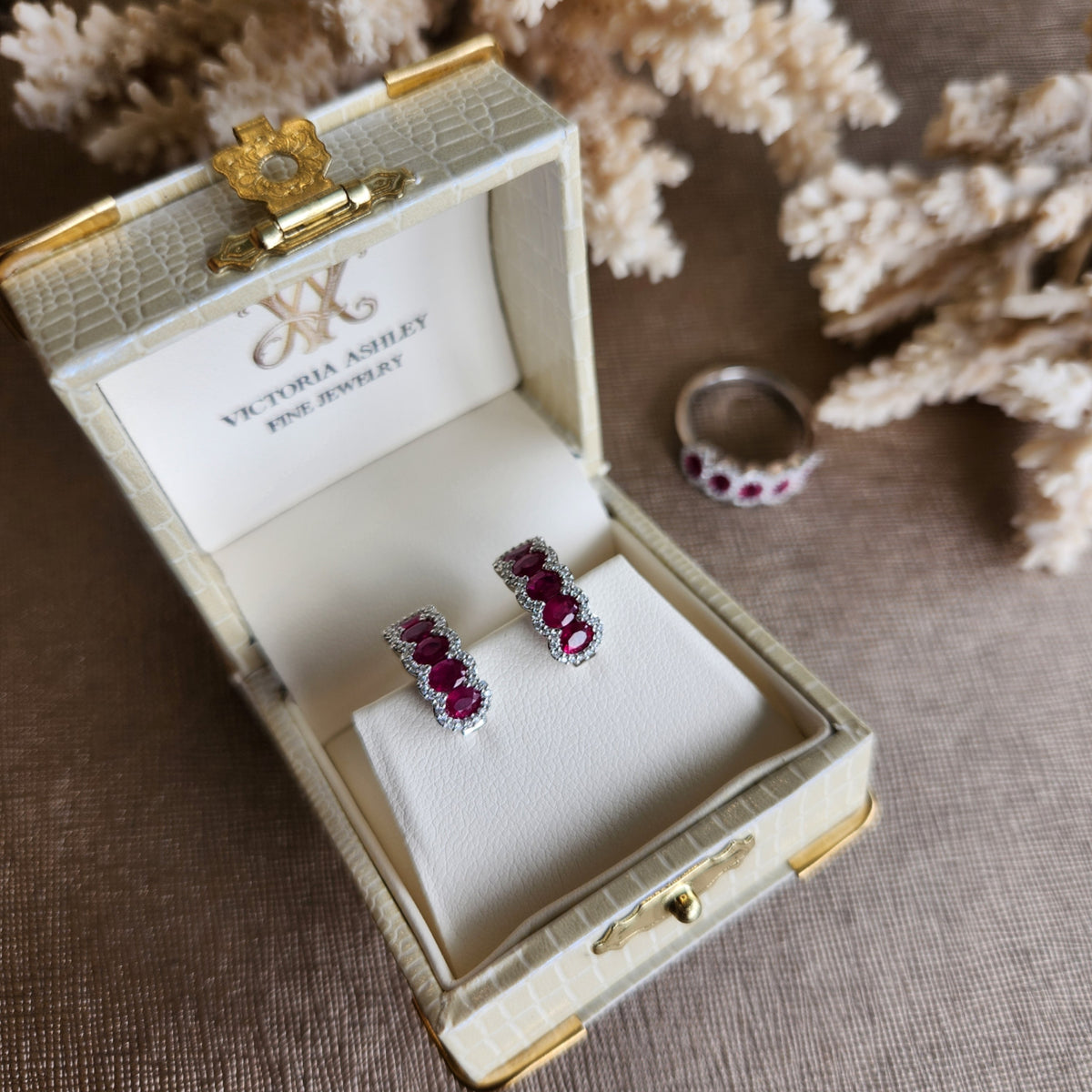 14 Karat White Gold Ruby & Diamond Hoop Style Earrings