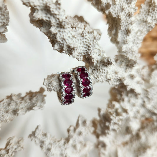 14 Karat White Gold Ruby & Diamond Hoop Style Earrings