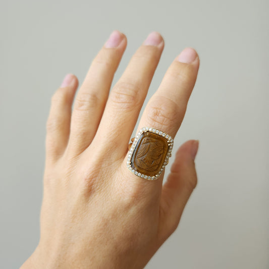14 Karat Yellow Gold Carved Tiger's Eye Intaglio Ring With Diamond Halo