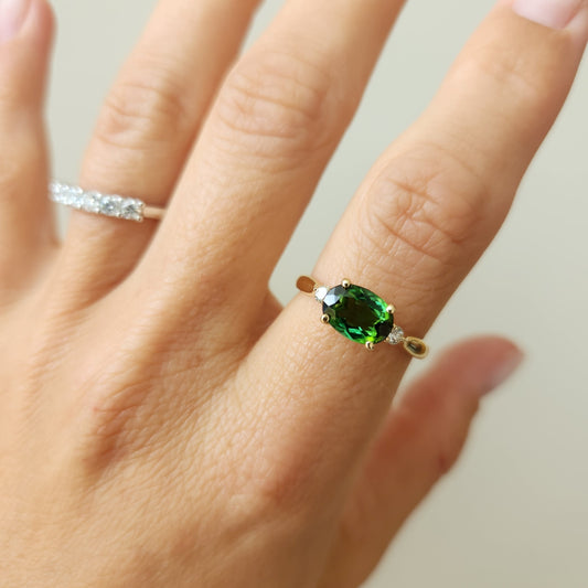14 Karat Yellow Gold Green Tourmaline & Diamond East/West Style Ring