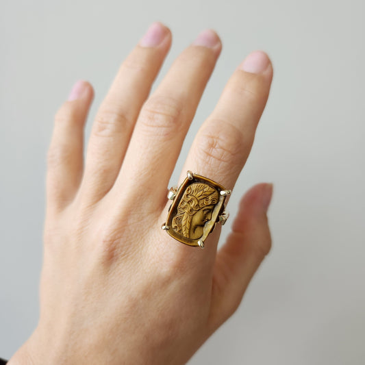 14 Karat Yellow Gold Cushion Shaped Carved Tiger's Eye Cameo Ring With Fleur De Lis Details