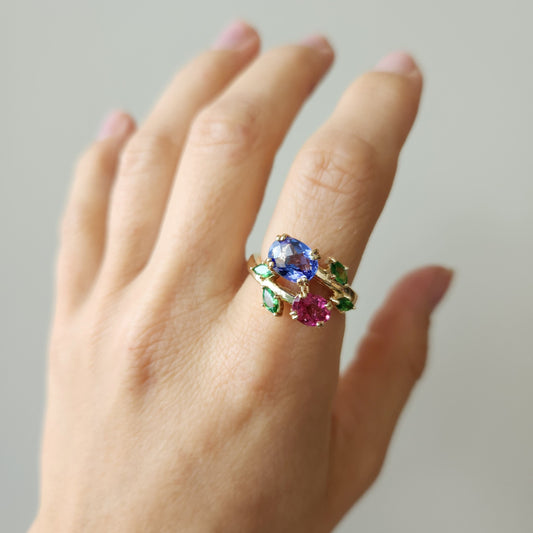 14 Karat Yellow Gold Pink Tourmaline, Tanzanite & Tsavorite Floral Bypass Style Ring