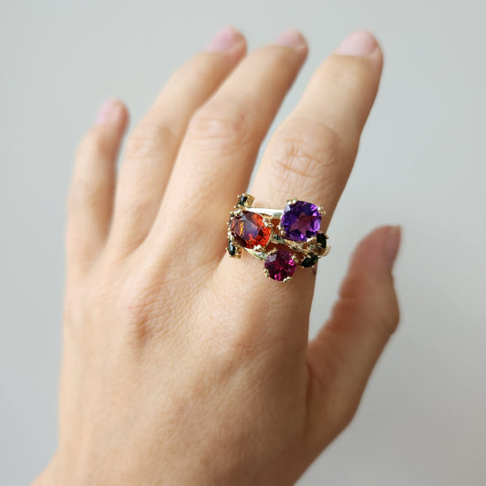 14 Karat Yellow Gold Garnet, Tourmaline, Amethyst & Citirine Floral Bypass Style Ring