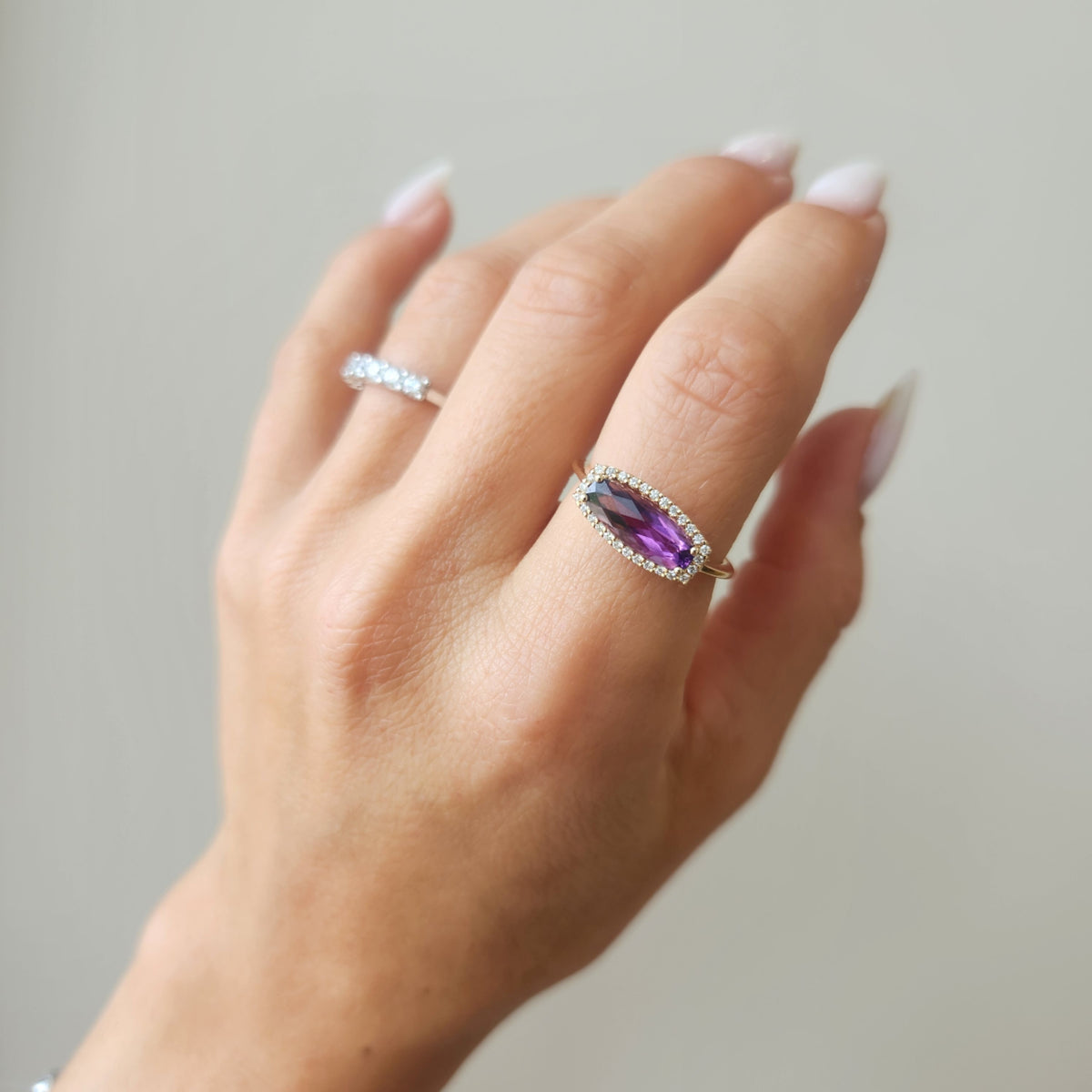 14 Karat Yellow Gold Fancy Shape Amethyst And Diamond Ring