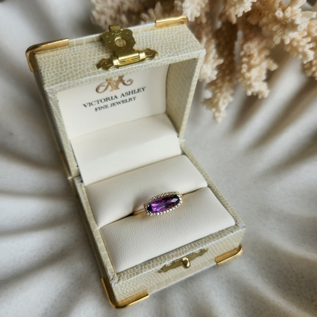 14 Karat Yellow Gold Fancy Shape Amethyst And Diamond Ring