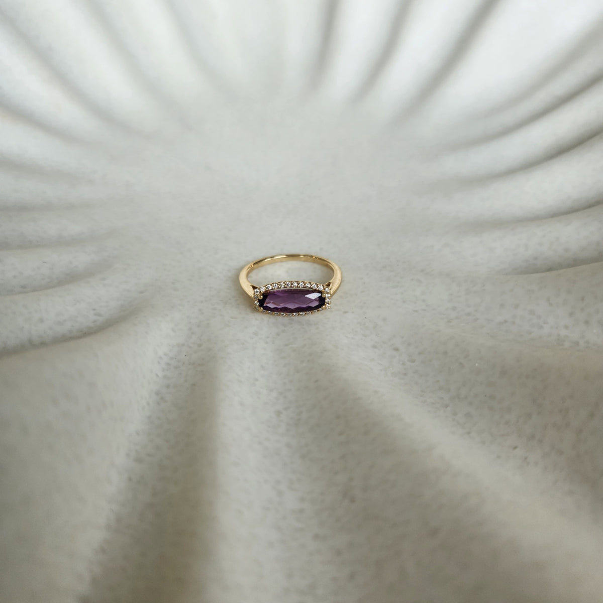 14 Karat Yellow Gold Fancy Shape Amethyst And Diamond Ring