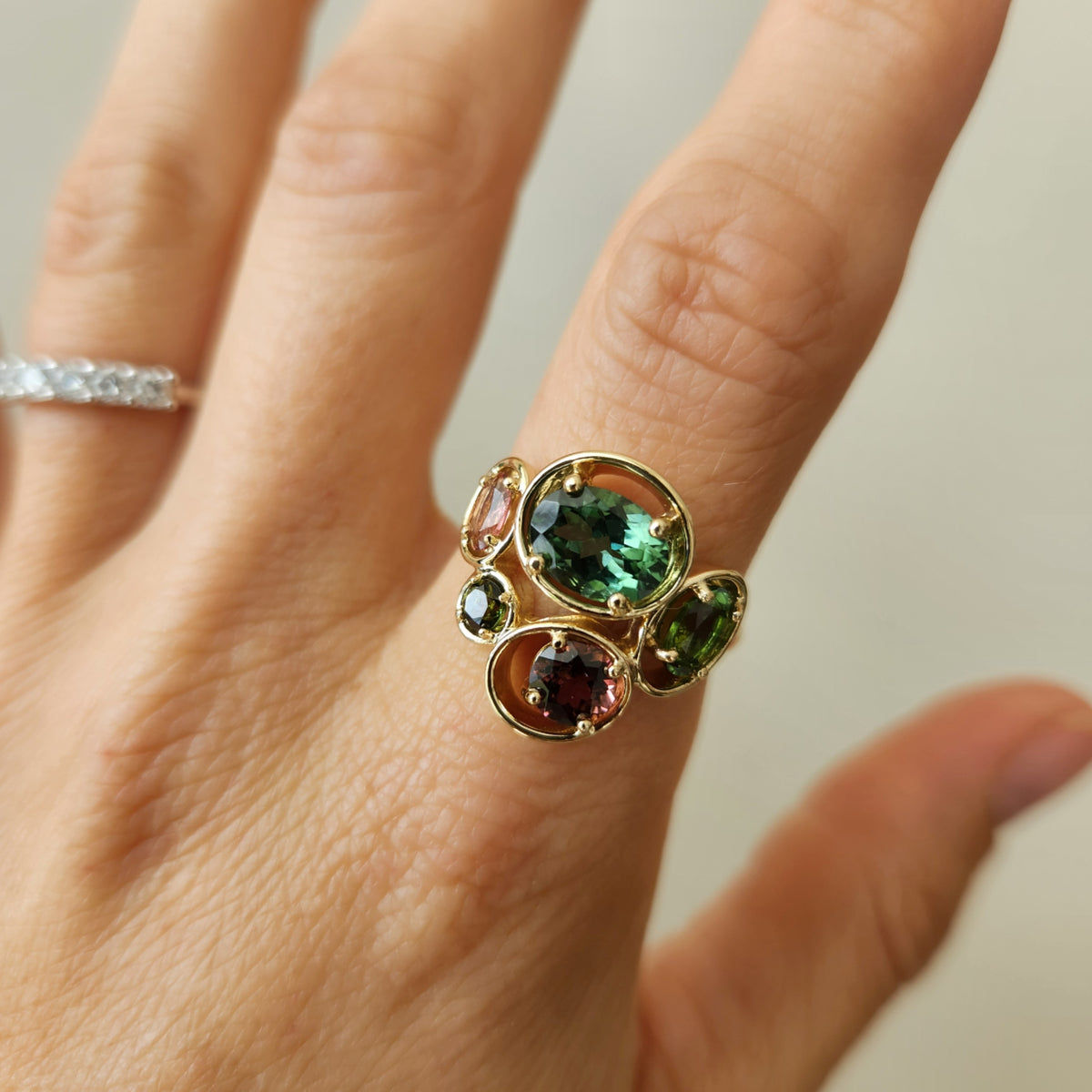 14 Karat Yellow Gold Multi Color Tourmaline "Bubble" Ring