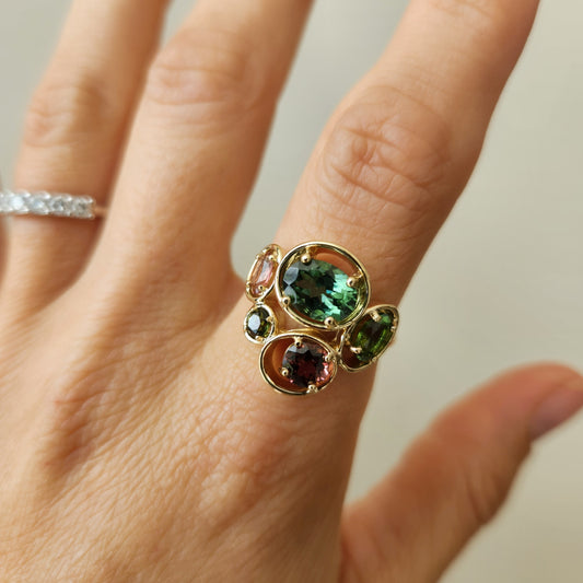 14 Karat Yellow Gold Multi Color Tourmaline "Bubble" Ring