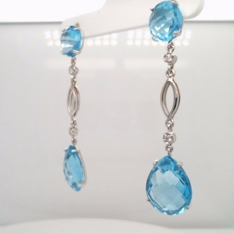 14 Karat White Gold Sky Blue Topaz & Diamond Long Dangle Earrings