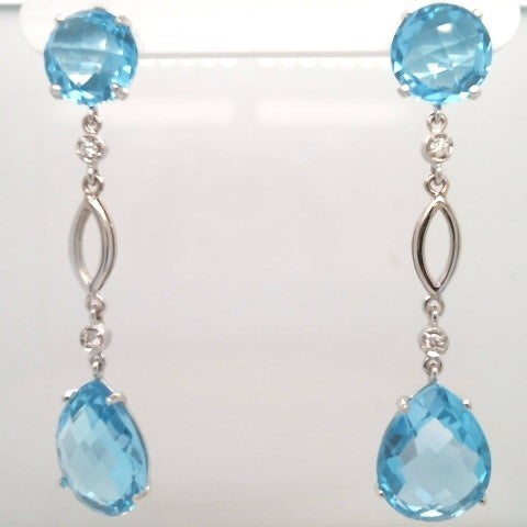14 Karat White Gold Sky Blue Topaz & Diamond Long Dangle Earrings