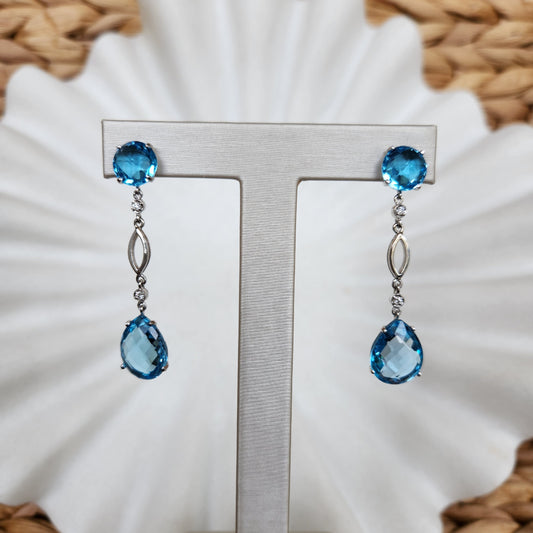 14 Karat White Gold Sky Blue Topaz & Diamond Long Dangle Earrings