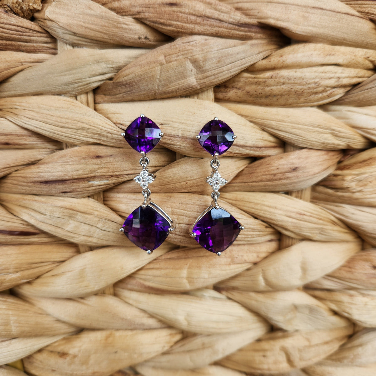 14 Karat White Gold Amethyst & Diamond Dangle Earrings