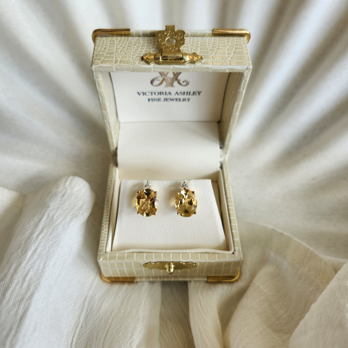 14 Karat Yellow Gold Citrine Stud Earrings With Diamond Accents