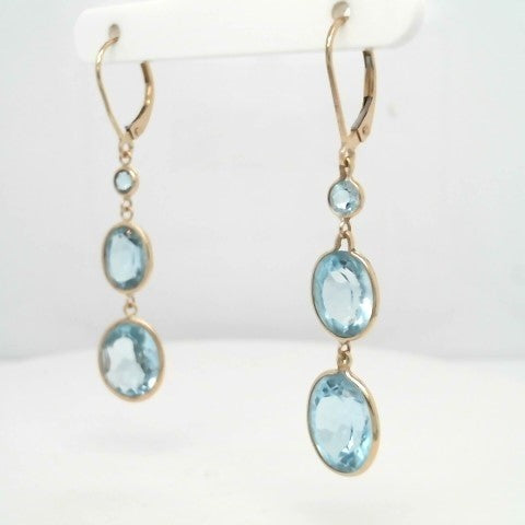 14 Karat Yellow Gold Triple Tier Sky Blue Topaz Dangle Earrings With Leverbacks
